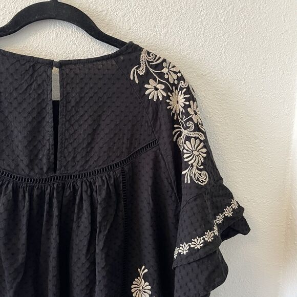 Torri Festi Mini Dress Size 1 Raglan Double Bell Sleeve Black Embroidered Boho - Picture 13 of 16